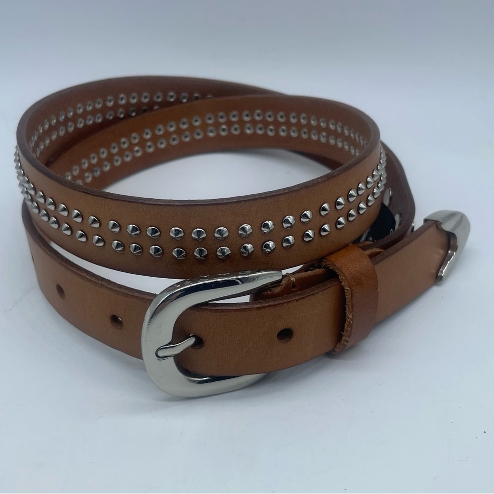 IKKIS Brown Leather Belt Silver Studs Women’s Size Medium 30”-34”